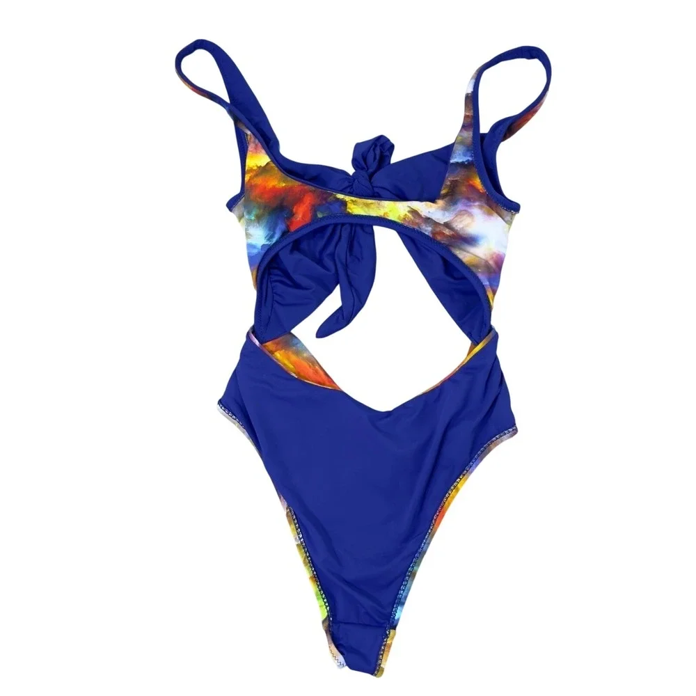 Zuiki Reversible One‎ Piece Swimsuit Blue Abstract Cloud Print Cutout Tie Front